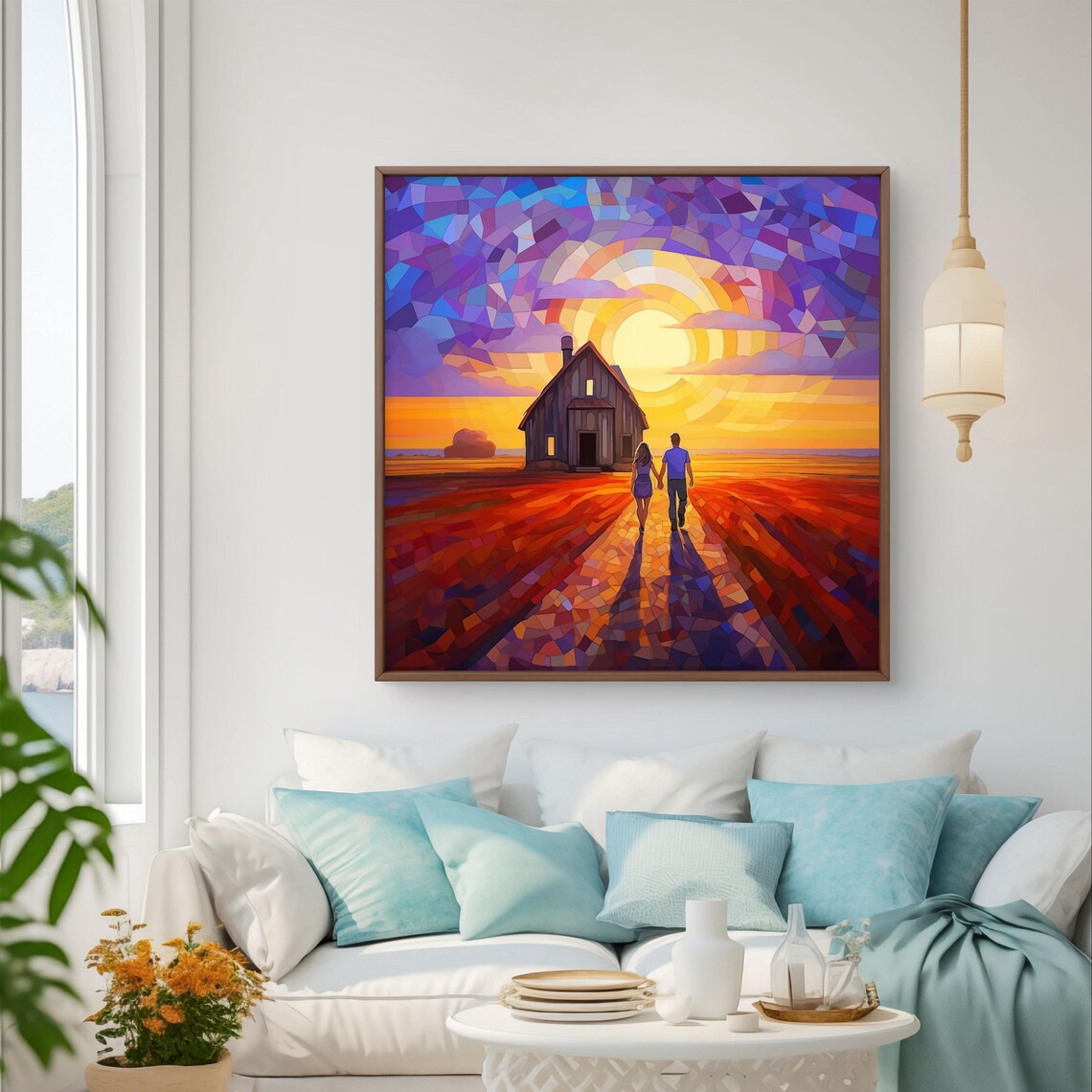Stained Glass Couple at Sunset Barn Romantic Mosaic Art Poster