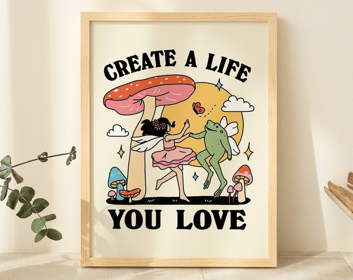Whimsical Fairy Frog Retro Mushroom Poster, Pink Decor
