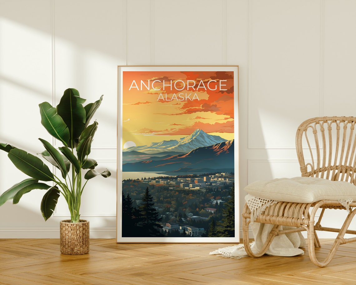 Anchorage Alaska City Sunset Snowy Mountains Valley View Travel Poster - Image 2