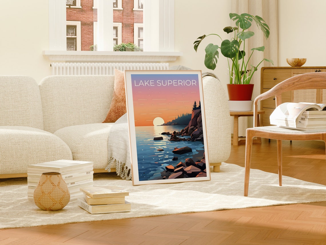 Lake Superior Rocky Shoreline Sunset Calm Waters North Travel Poster - Image 2