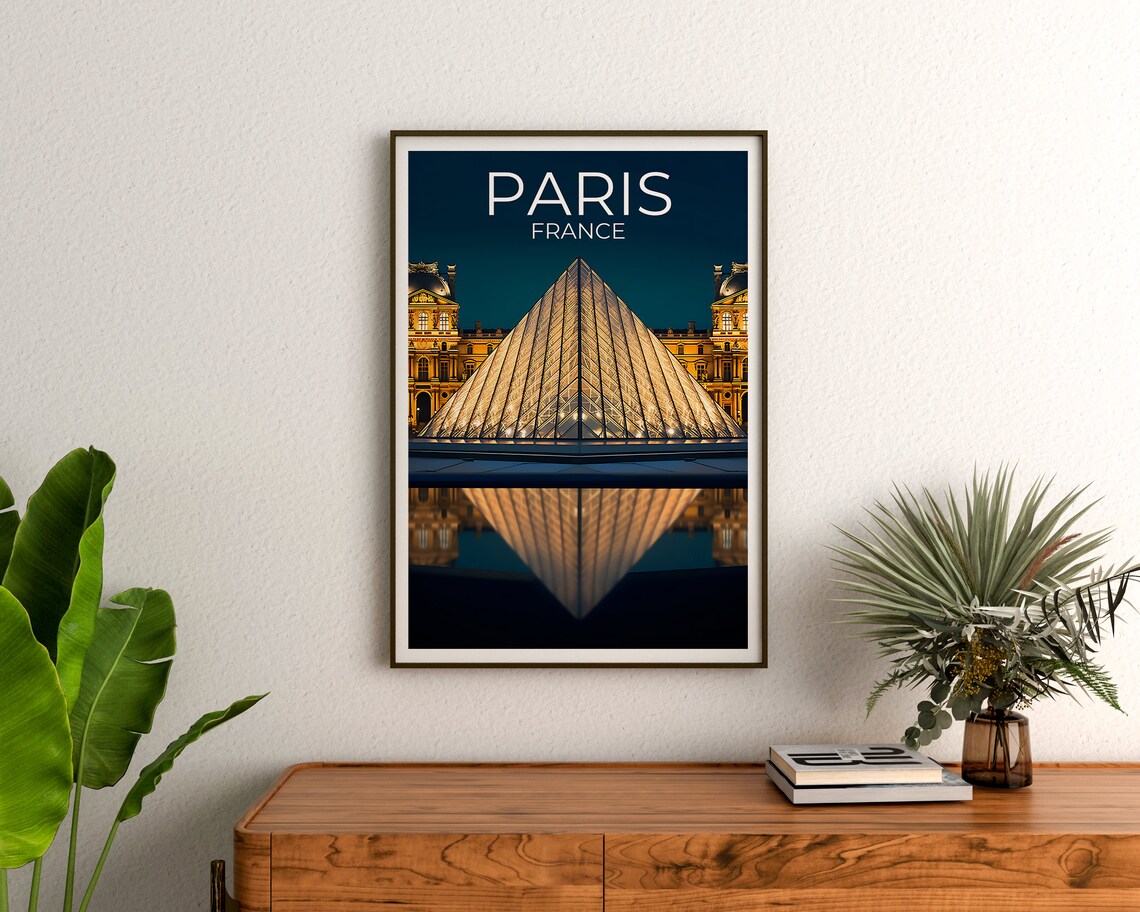 Paris France Louvre Pyramid Night Lights Reflection Travel Poster - Image 3