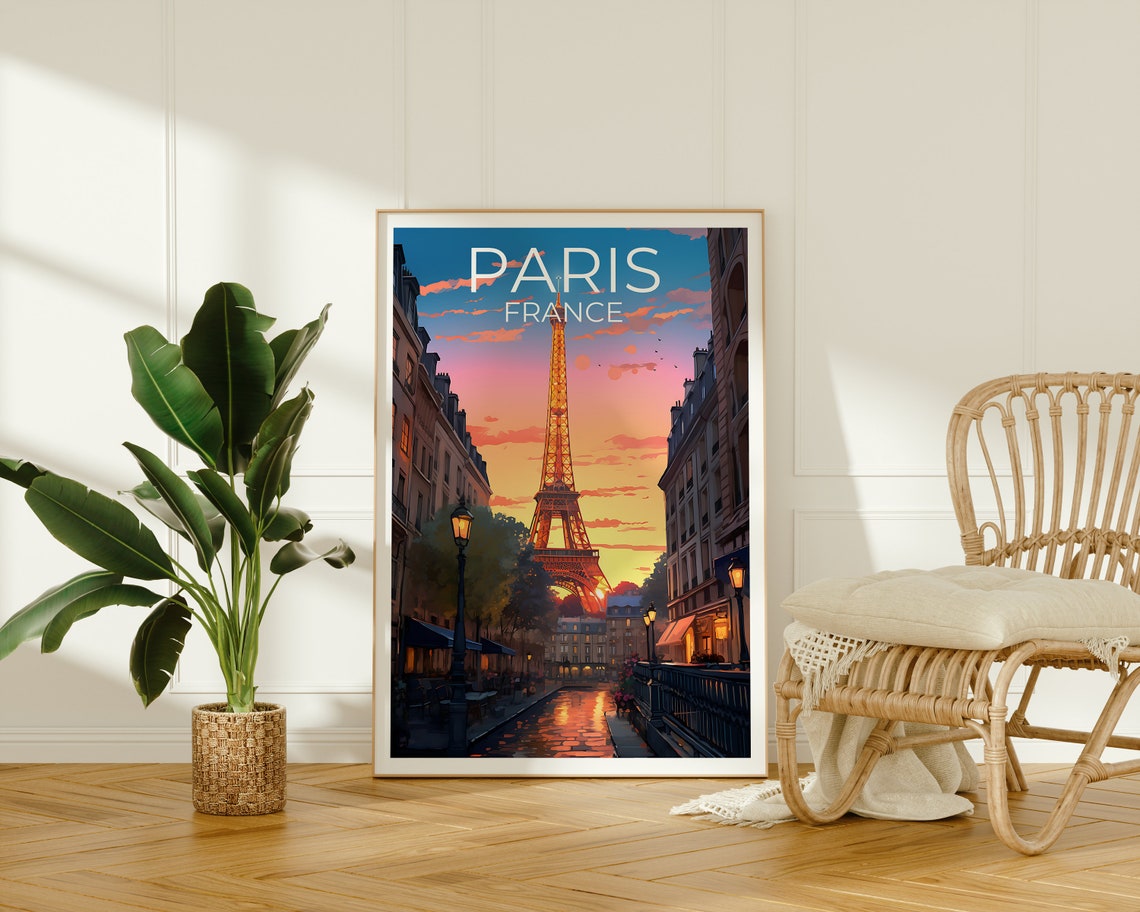 Paris France Eiffel Tower Dusk Street View Sunset Glow Travel Poster - Image 2