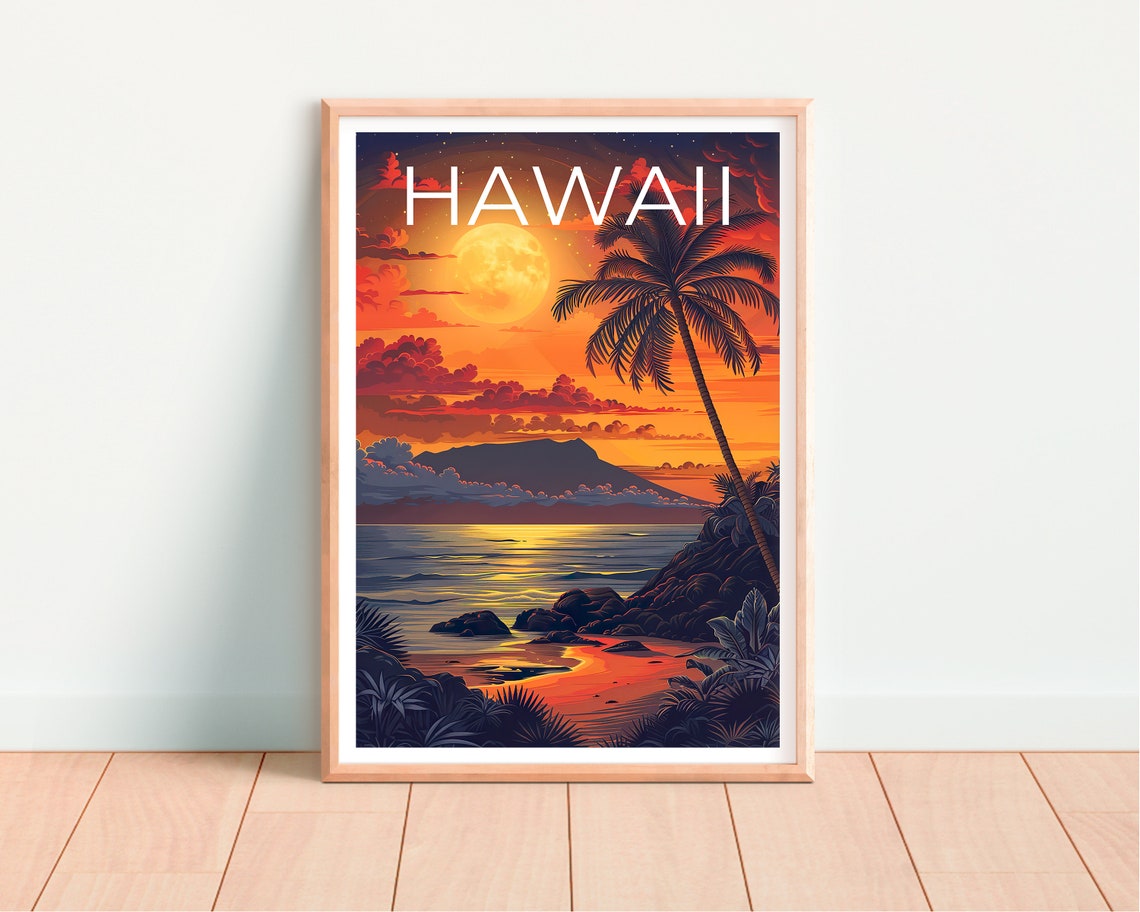Hawaii Moonlit Beach Palm Tree Ocean Island Sunset Travel Poster - Image 4