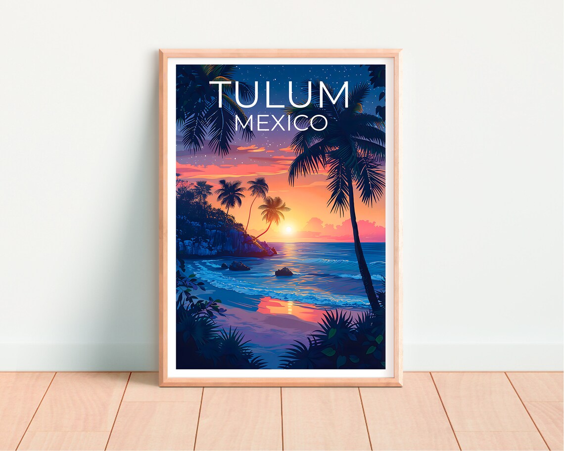 Tulum Mexico Beach Sunset Palm Trees Caribbean Coast Travel Poster - Image 4