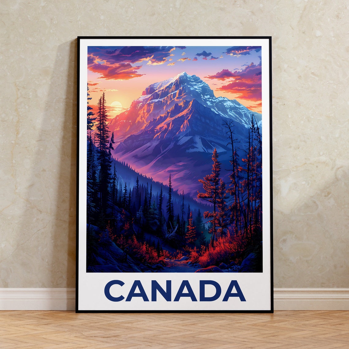 Canada Jasper Mountain Sunset Snow Peak Alpine Forest Travel Poster