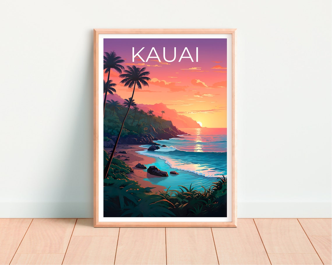 Kauai Hawaii Napali Coast Sunset Palm Beach Waves View Travel Poster - Image 4