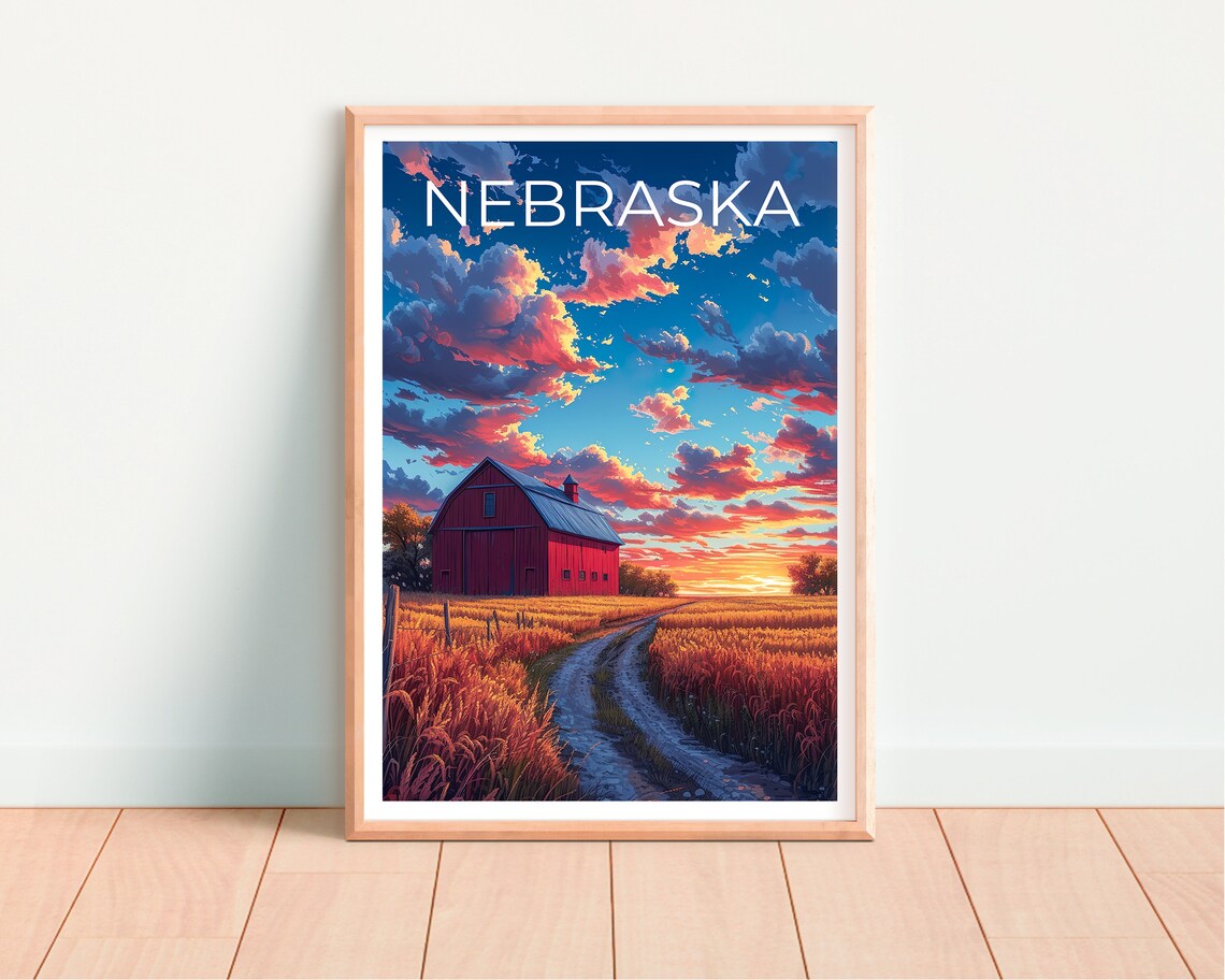 Nebraska Prairie Red Barn Golden Wheat Field Sunset Travel Poster - Image 4