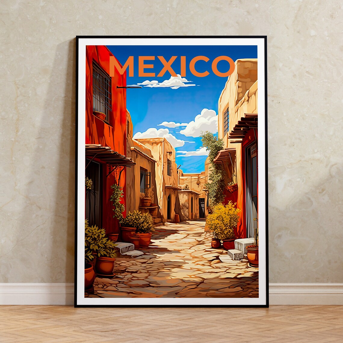 Mexico Pueblo Cobblestone Street Colorful Adobe Old Town Travel Poster