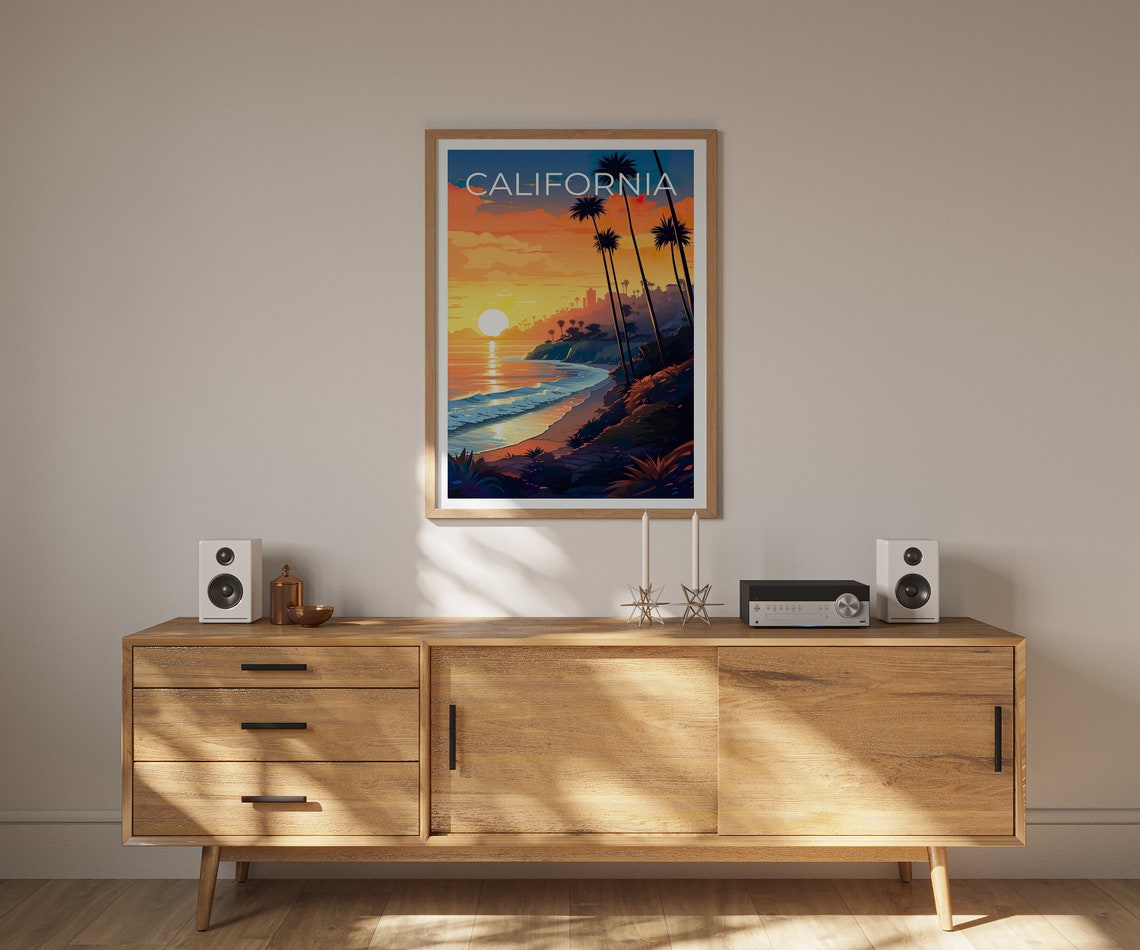 California Beach Sunset Palm Trees Ocean Shoreline View Poster - Image 2