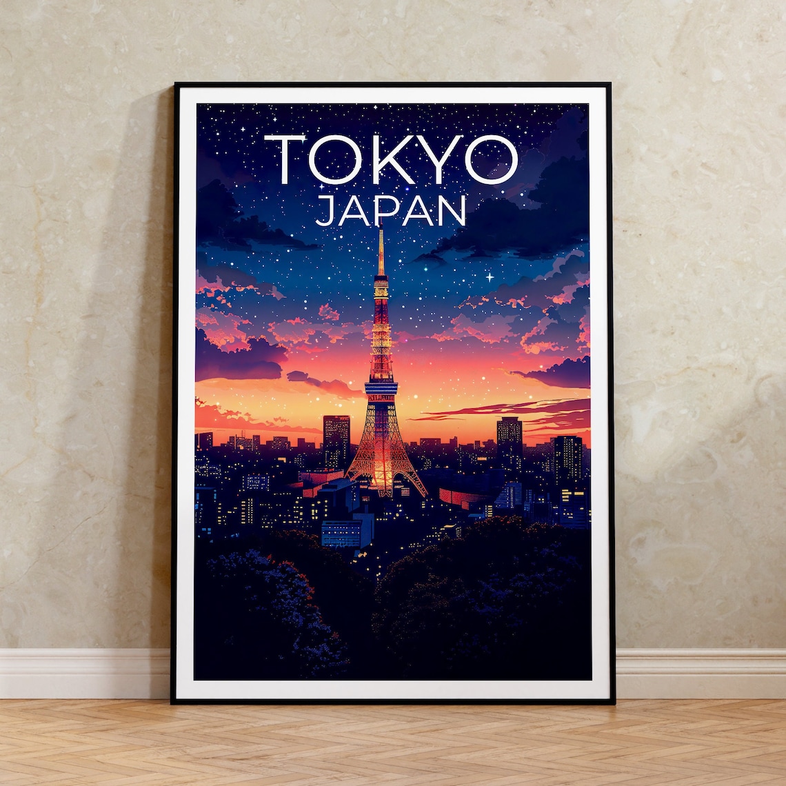 Tokyo Japan Tokyo Tower Night Skyline City Lights Travel Poster
