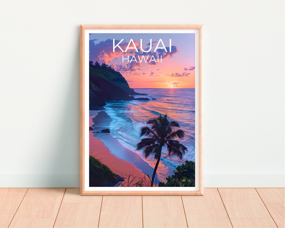Kauai Hawaii Beach Sunset Cliffs Palm Tree Coastal View Travel Poster - Image 4