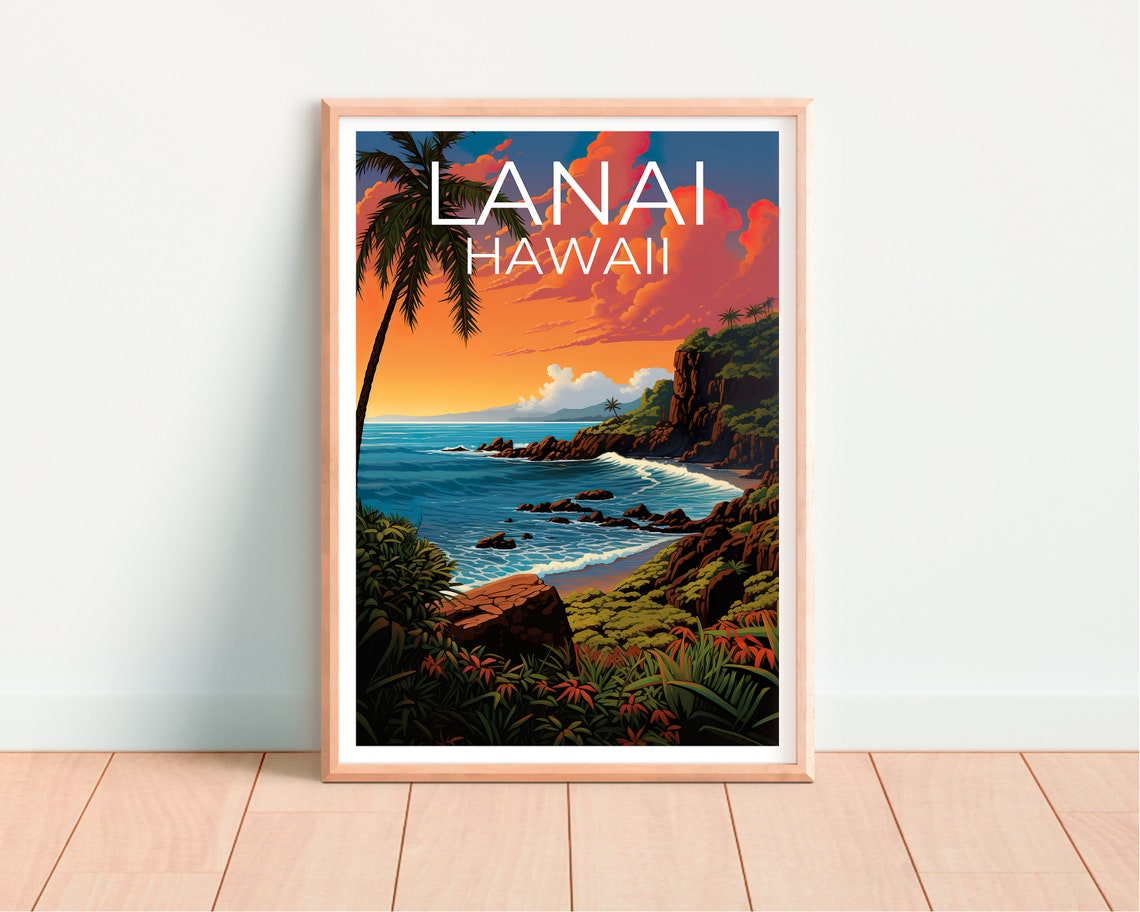 Lanai Hawaii Volcanic Rocky Coastline Sunset Surf View Travel Poster - Image 4