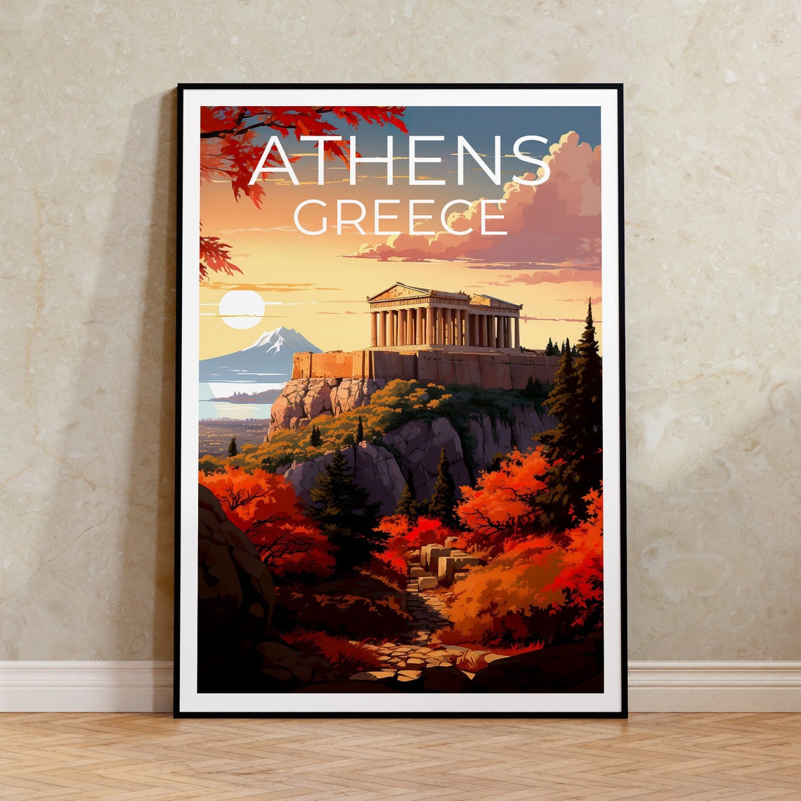 Athens Greece Ancient Parthenon Acropolis Sunset View Poster