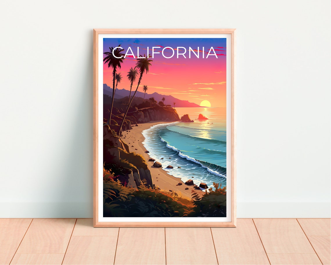 California Coast Beach Sunset Palms Cliffs Turquoise Waves Art Poster - Image 4