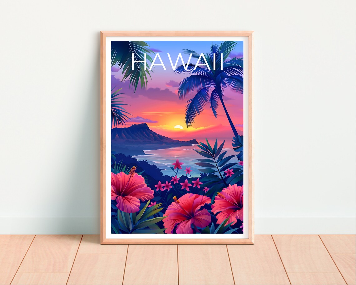 Hawaii Diamond Head Sunset Waikiki Bay Hibiscus Flower Poster - Image 4