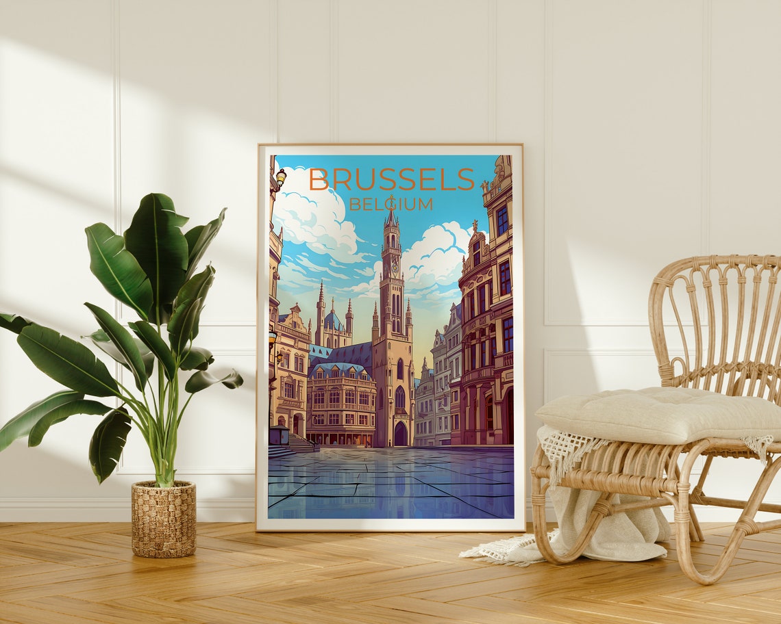 Brussels Belgium Grand Place Town Hall Tower Morning Travel Poster - Image 2
