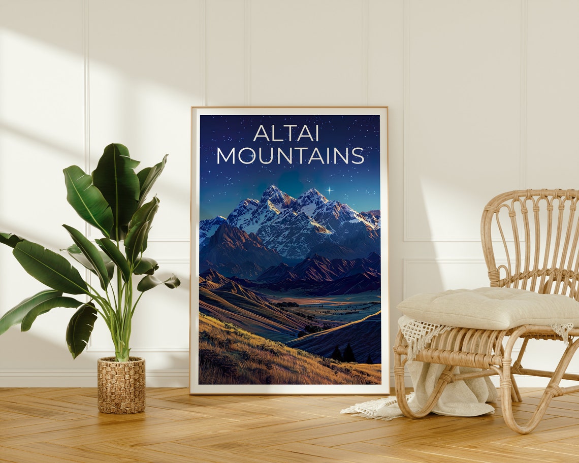 Altai Mountains Starry Night Snowy Twin Peaks Golden Hills Poster - Image 2