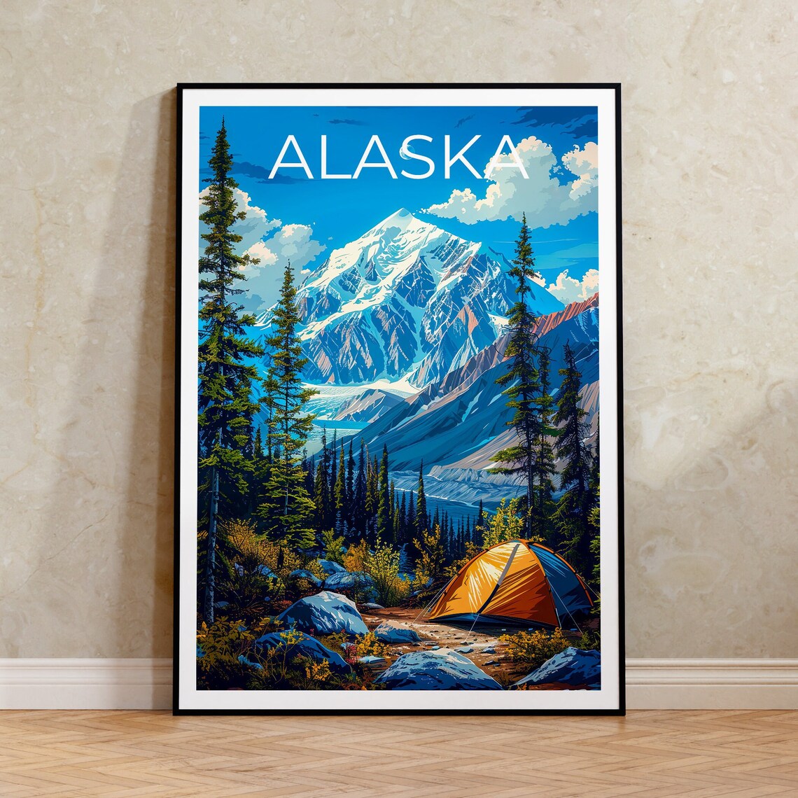 Alaska Snowy Mountain Daytime Forest Tent Campsite View Travel Poster