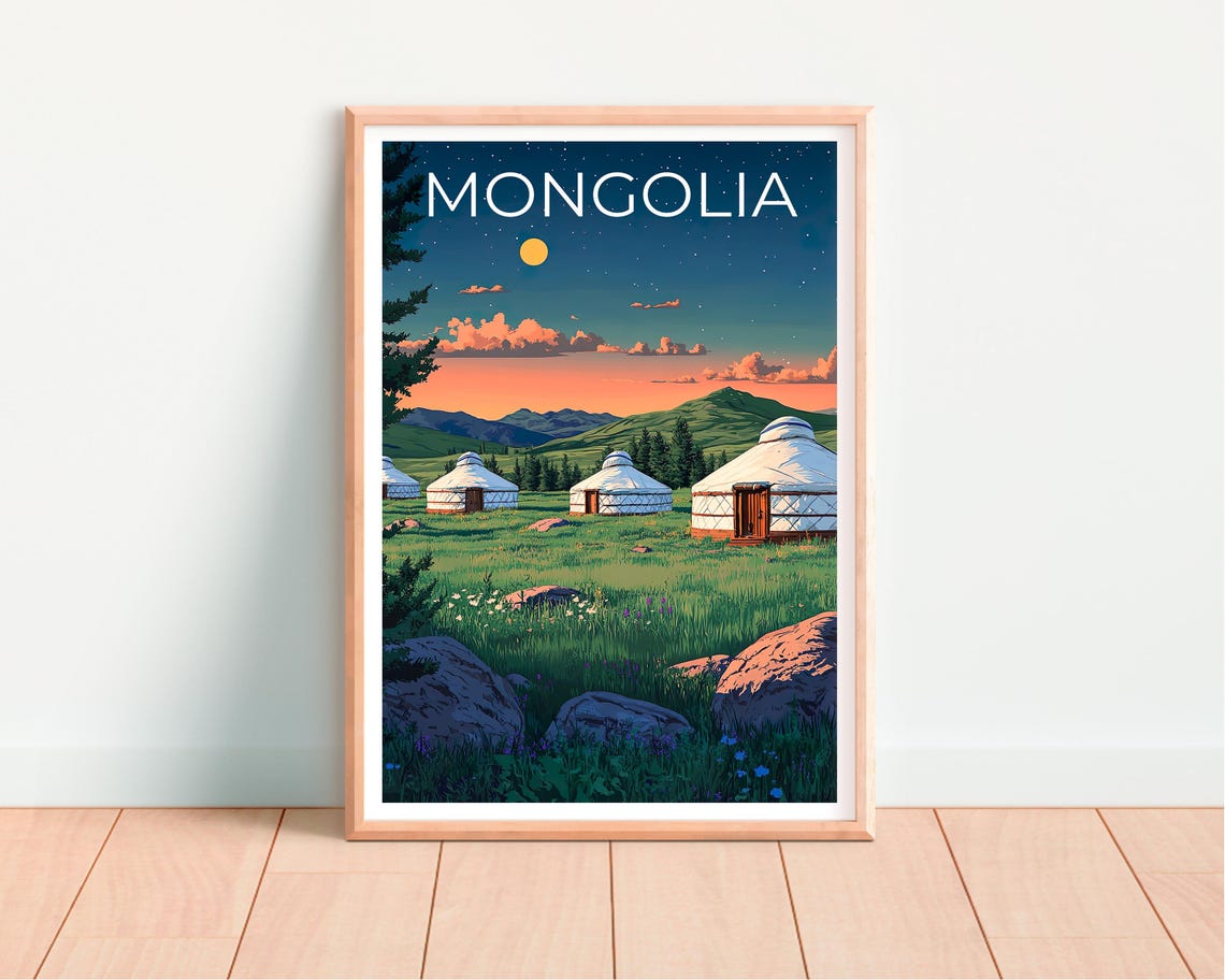Mongolia Steppe White Yurts Gers Dusk Starry Night Sky Travel Poster - Image 4