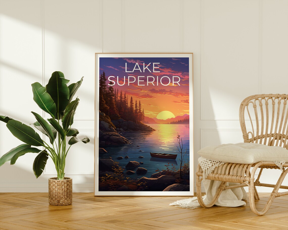 Lake Superior Sunset Canoe Rocky Cove Pines Great Lakes Travel Poster - Image 2