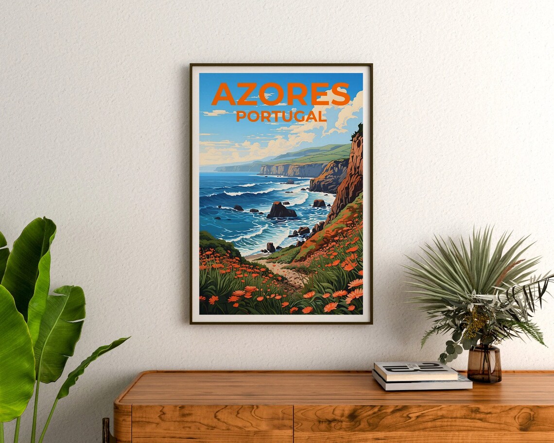 Azores Portugal Wildflower Cliff Coast Atlantic Ocean View Poster - Image 3
