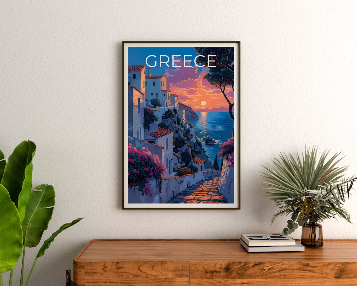 Greece Cliffside Village Sunset Bougainvillea Sea View Poster - Image 3