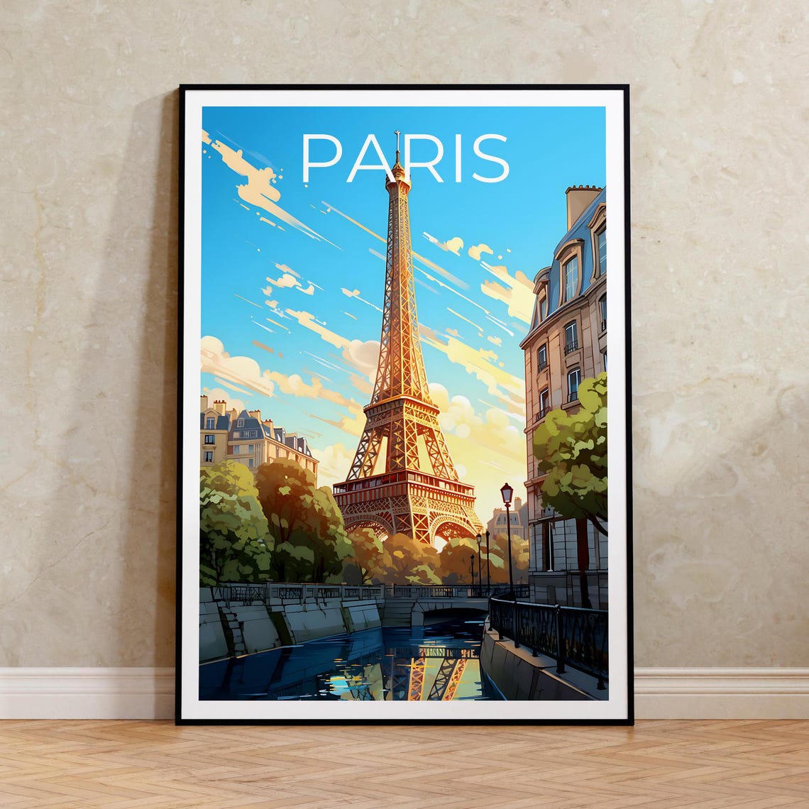 Paris Eiffel Tower Riverside Reflection Daytime Travel Poster