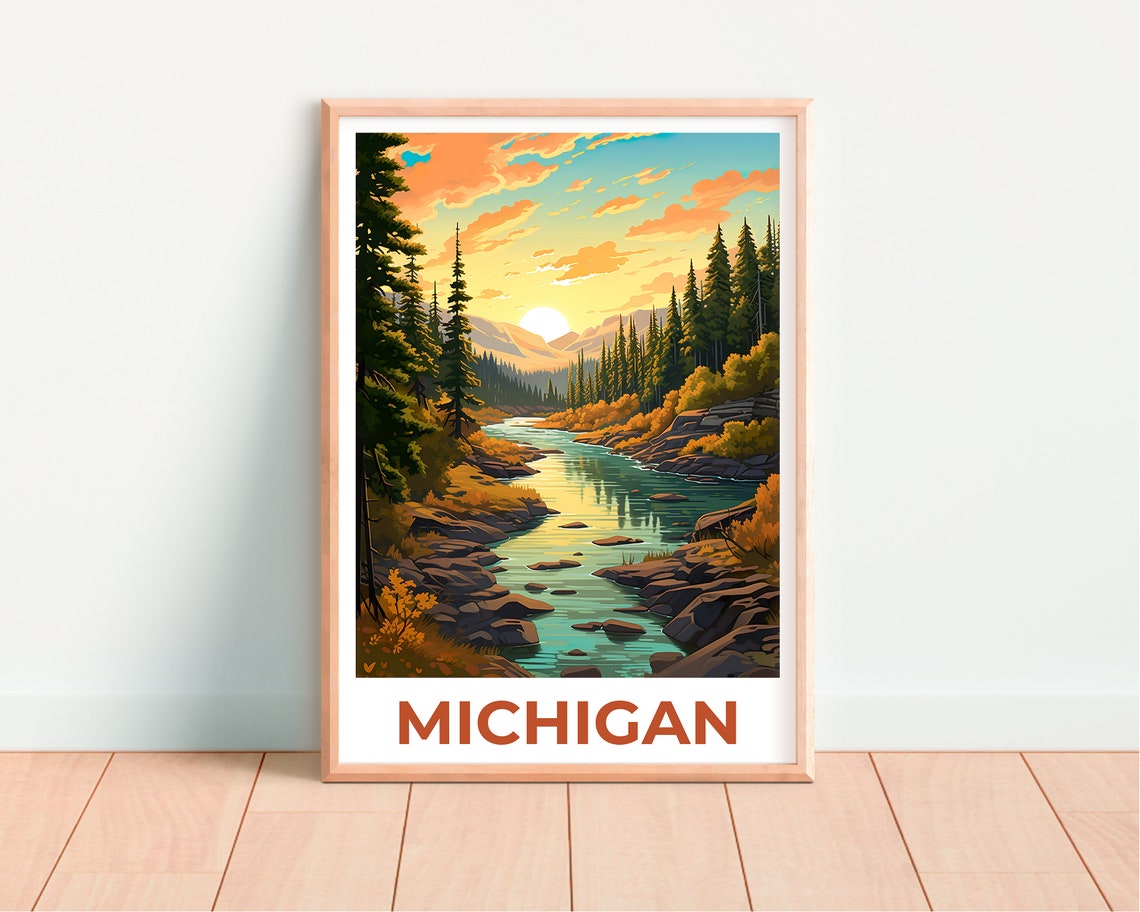 Michigan River Sunset Pine Forest Rocky Stream Valley Poster - Image 4