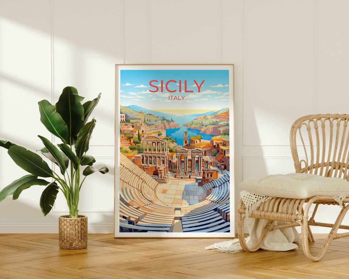 Sicily Italy Ancient Amphitheater Coastal View Travel Poster - Image 2
