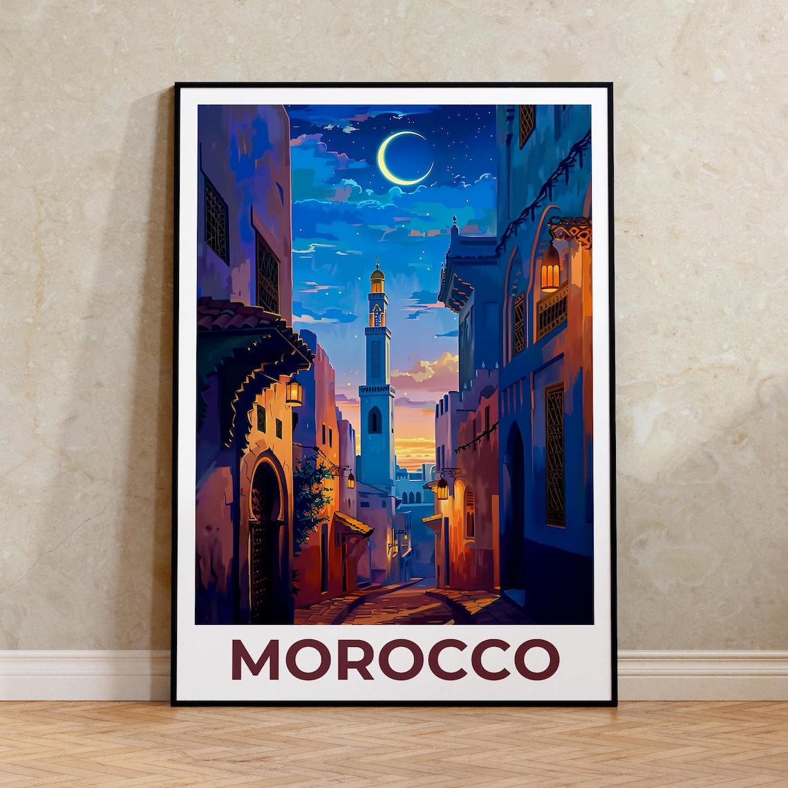 Morocco Night Medina Street Minaret Crescent Moon Travel Poster
