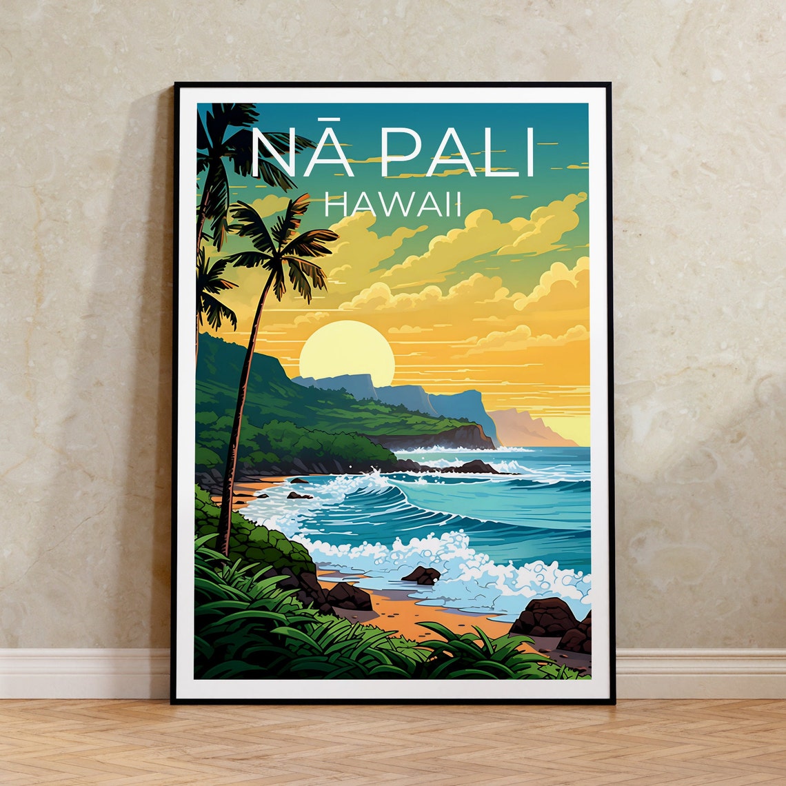 Na Pali Hawaii Coastal Cliffs Palm Trees Sunset Waves Travel Poster