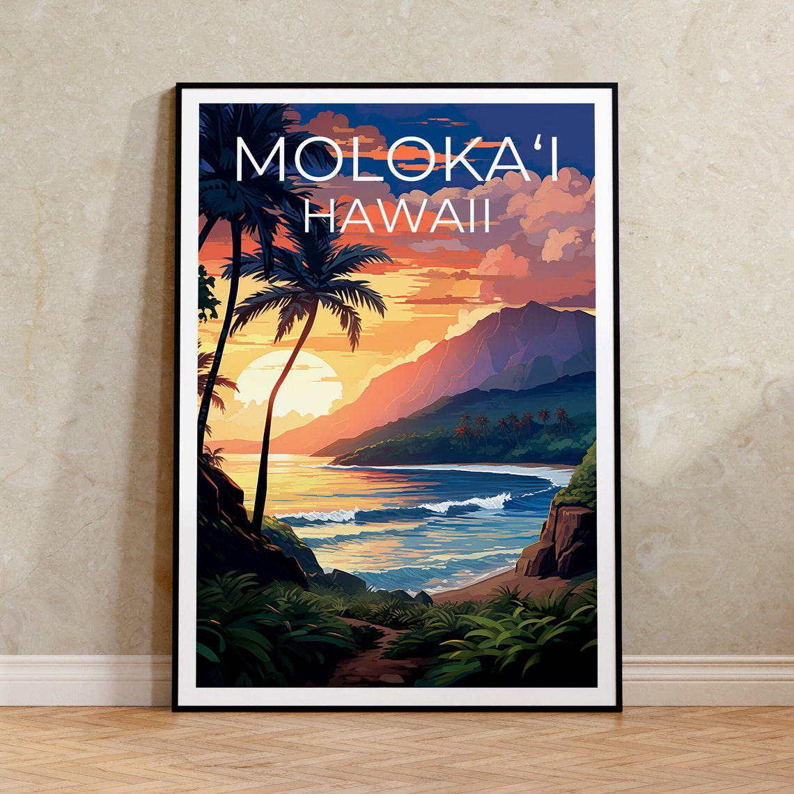 Molokai Hawaii Tropical Beach Sunset Palm Trees Travel Poster