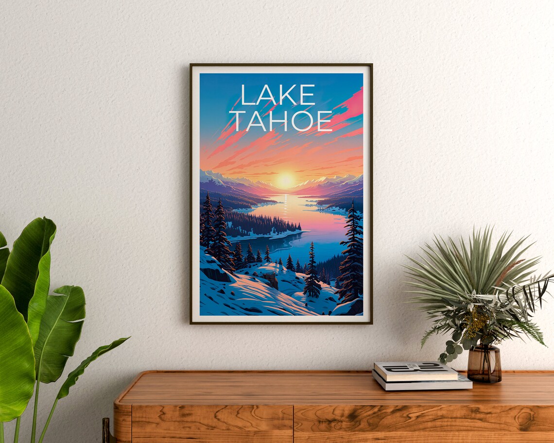 Lake Tahoe Sunset Winter Snowy Lakeshore Evergreen View Travel Poster - Image 3