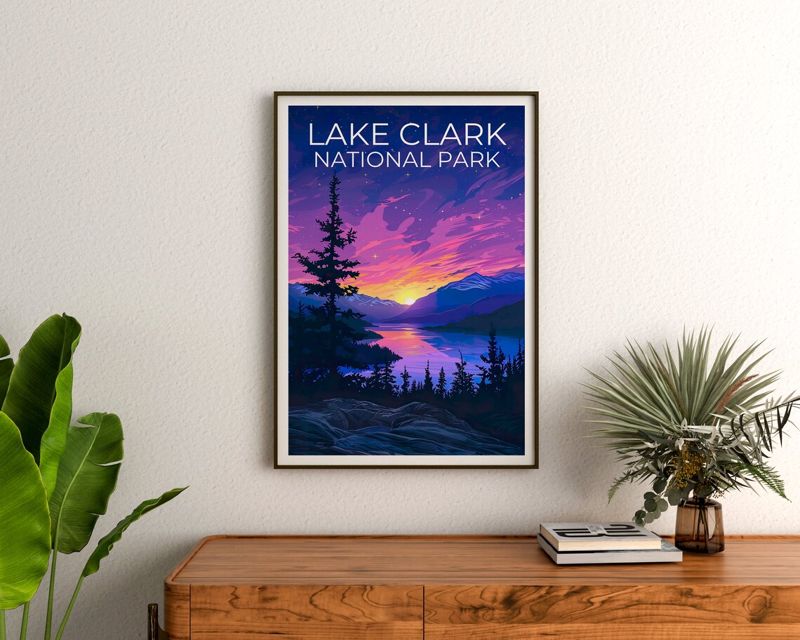 Lake Clark National Park Alaska Sunset Lake Pines Starry Sky Poster - Image 3