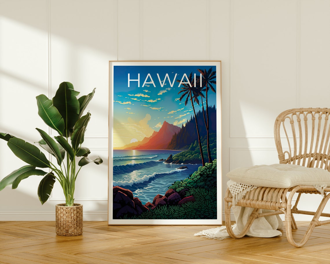 Hawaii Beach Palm Trees Sunset Waves Mountain Coastline Travel Poster - Image 2