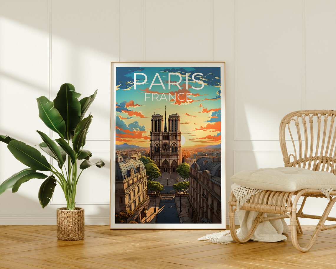 Paris France Notre Dame Cathedral Sunset Rooftops Travel Poster - Image 2