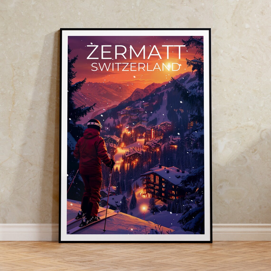Zermatt Switzerland Ski Village Dusk Snowy Slopes Night Poster