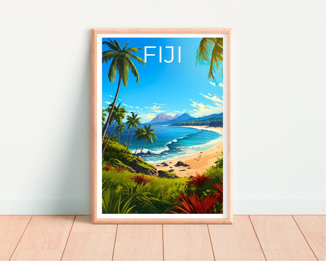Fiji Beach Bay Palm Trees Turquoise Water Mountain View Poster - Image 4