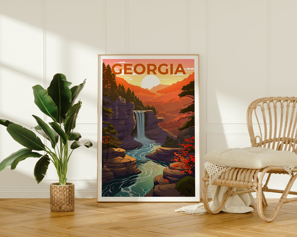 Georgia Forest Waterfall Gorge River Sunset Rocky Canyon Autumn Poster - Image 2