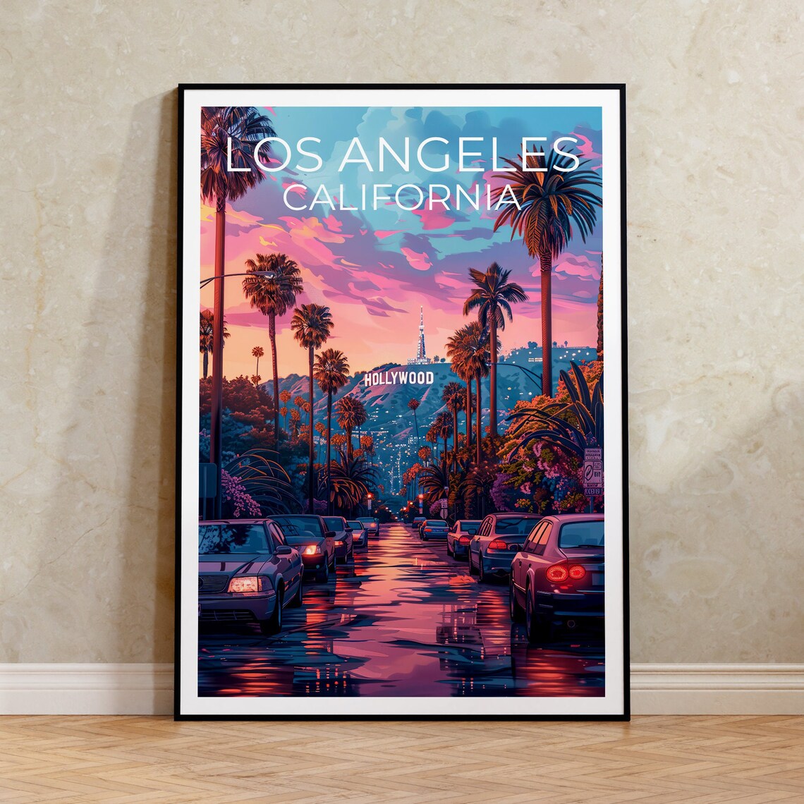 Los Angeles Hollywood Sign Sunset Palm Street California Poster