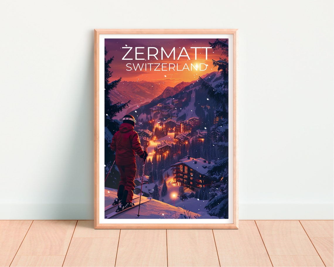 Zermatt Switzerland Ski Village Dusk Snowy Slopes Night Poster - Image 4