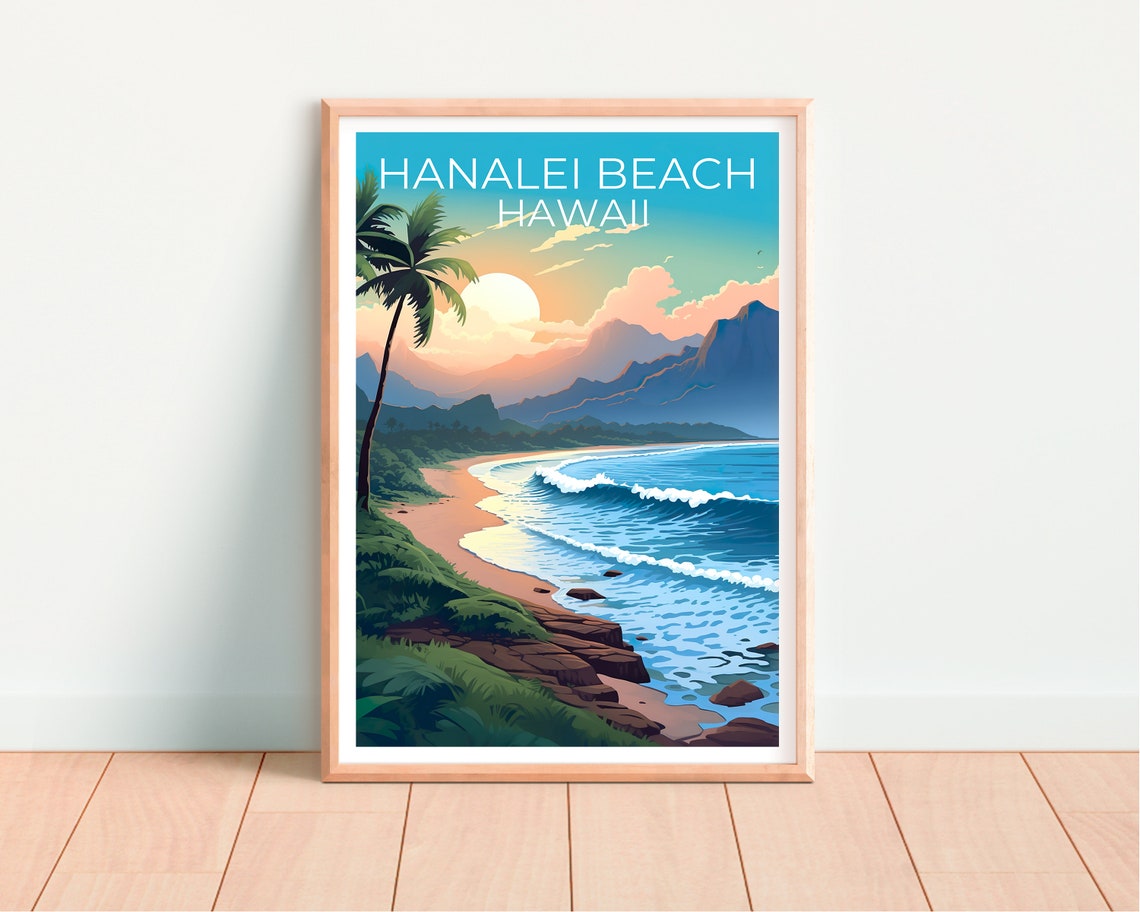 Hanalei Beach Hawaii Sunset Waves Palm Tree Mountain Bay Travel Poster - Image 4