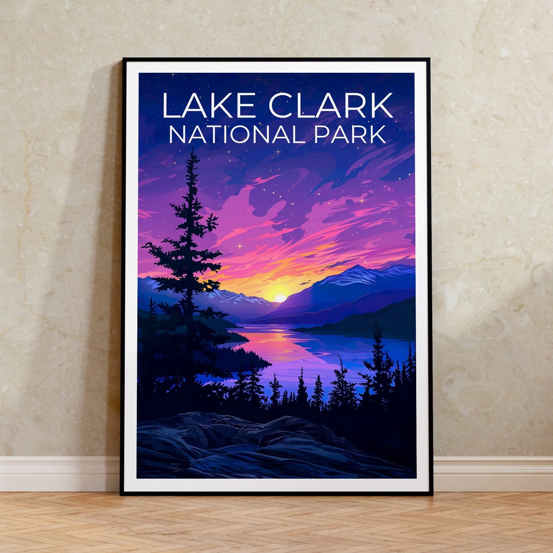 Lake Clark National Park Alaska Sunset Lake Pines Starry Sky Poster
