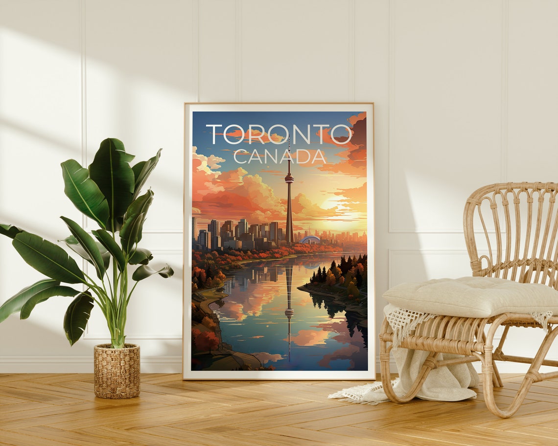 Toronto Canada CN Tower Skyline Sunset Lake Reflection Travel Poster - Image 2