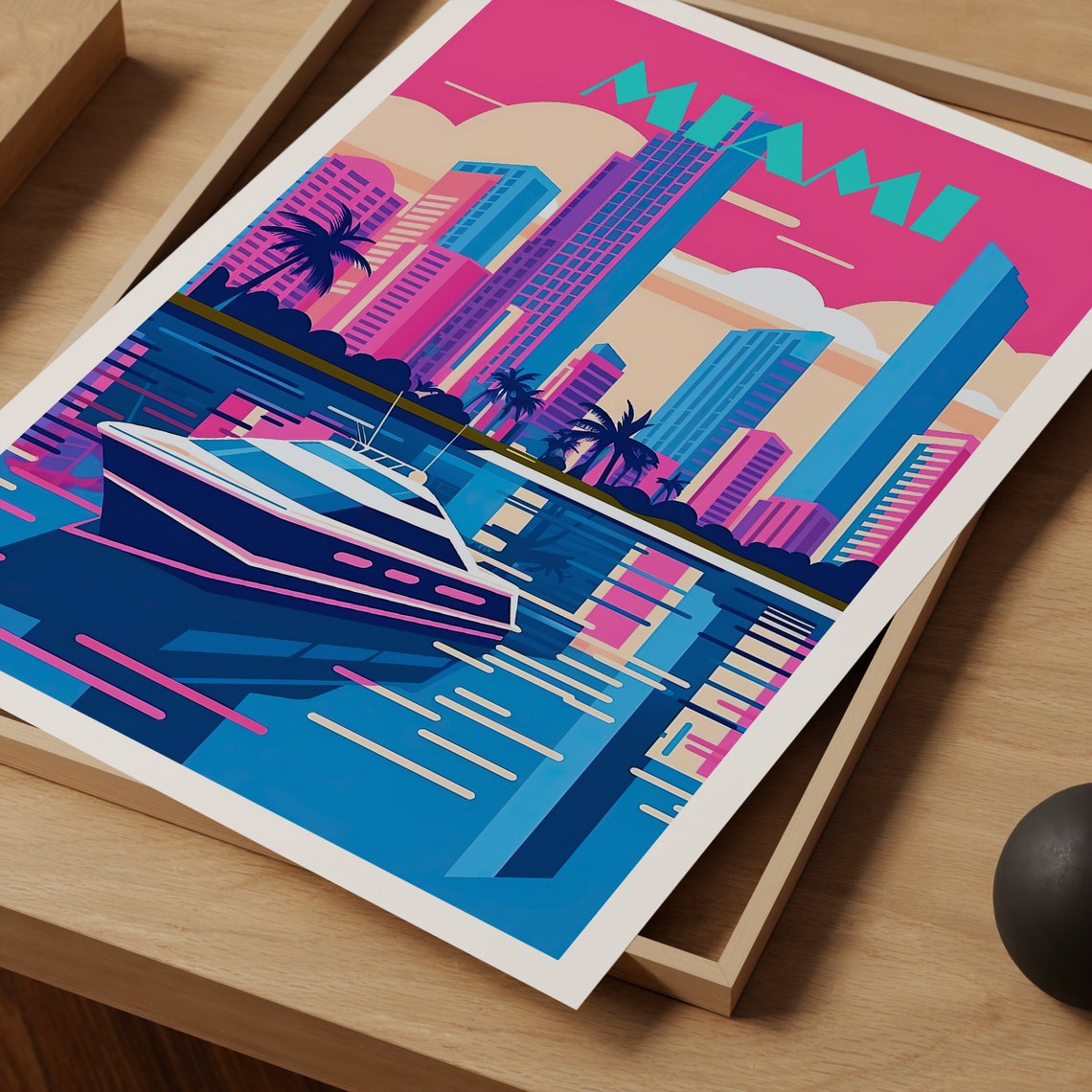 Miami Florida Neon Skyline Yacht Retro 80s Pink Sunset Travel Poster - Image 3