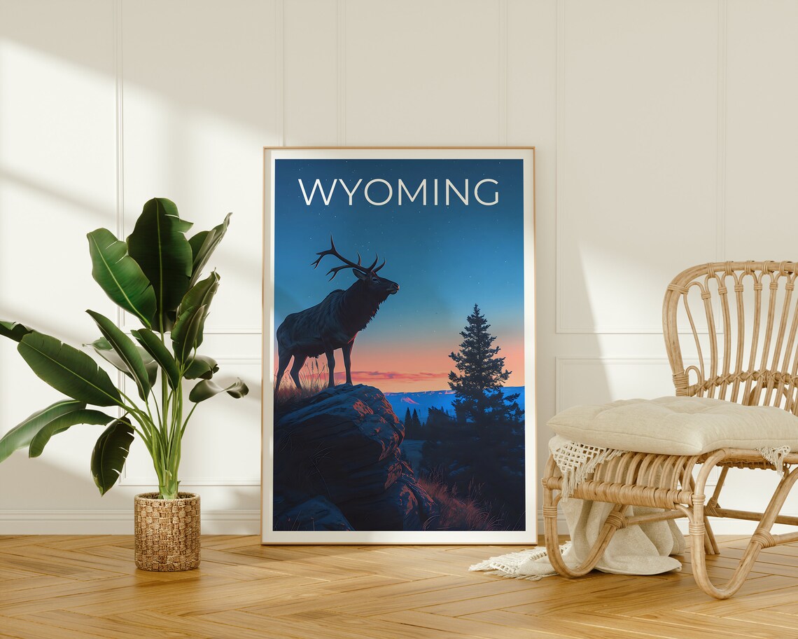 Wyoming Elk Sunset Rocky Ridge Pine Forest Wildlife Travel Poster - Image 2
