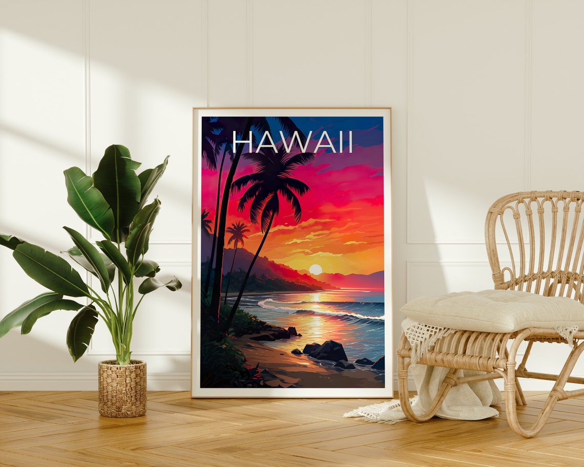 Hawaii Beach Sunset Palm Silhouettes Ocean Waves Tropical Shore Poster - Image 2