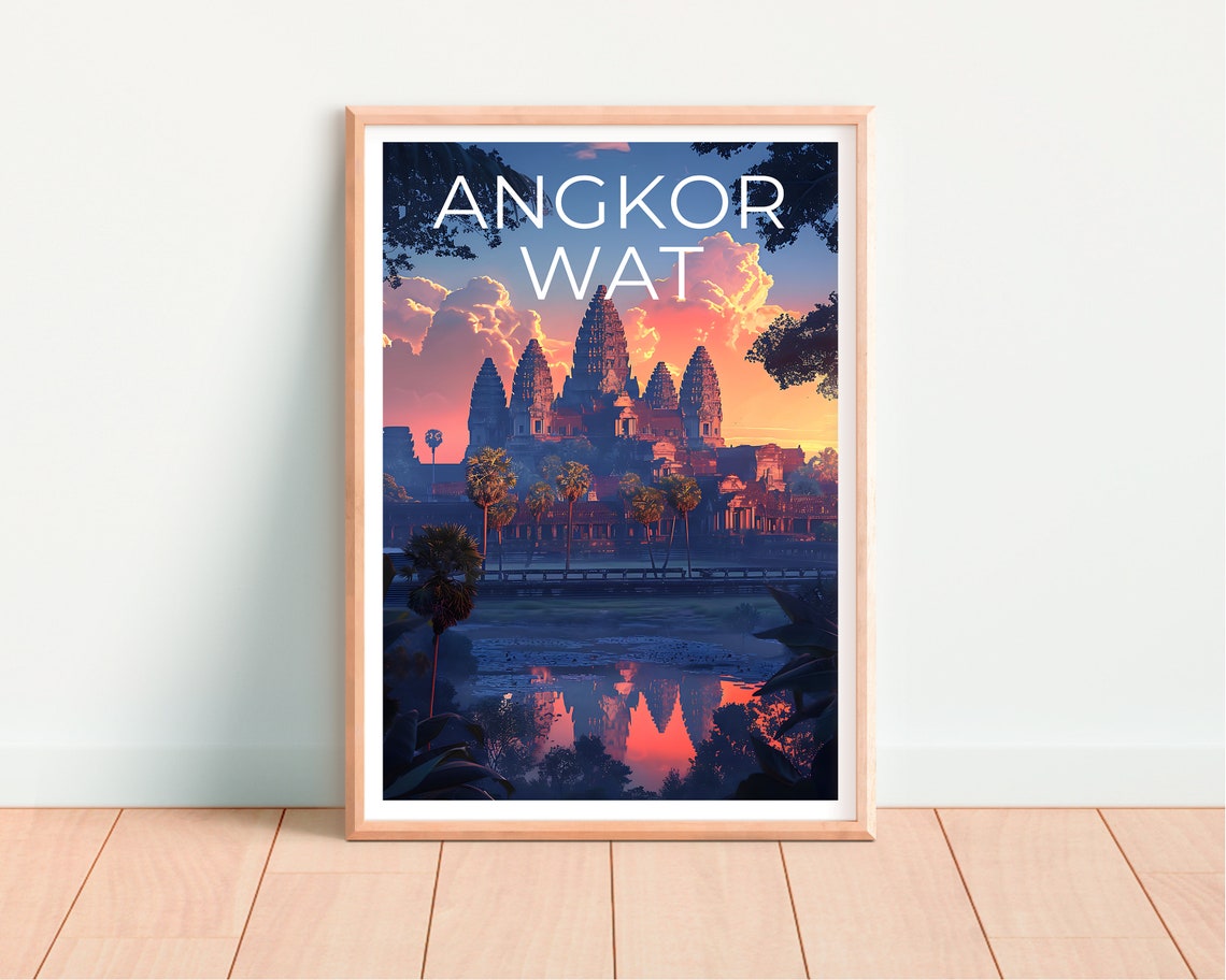 Angkor Wat Cambodia Temple Sunrise Reflection Jungle Travel Poster - Image 4
