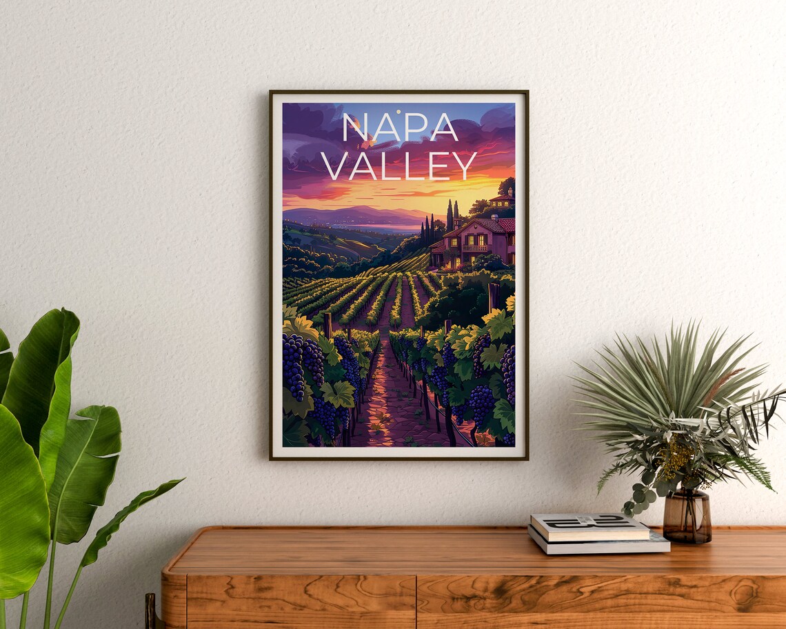 Napa Valley California Vineyard Rows Sunset Wine Country Travel Poster - Image 3