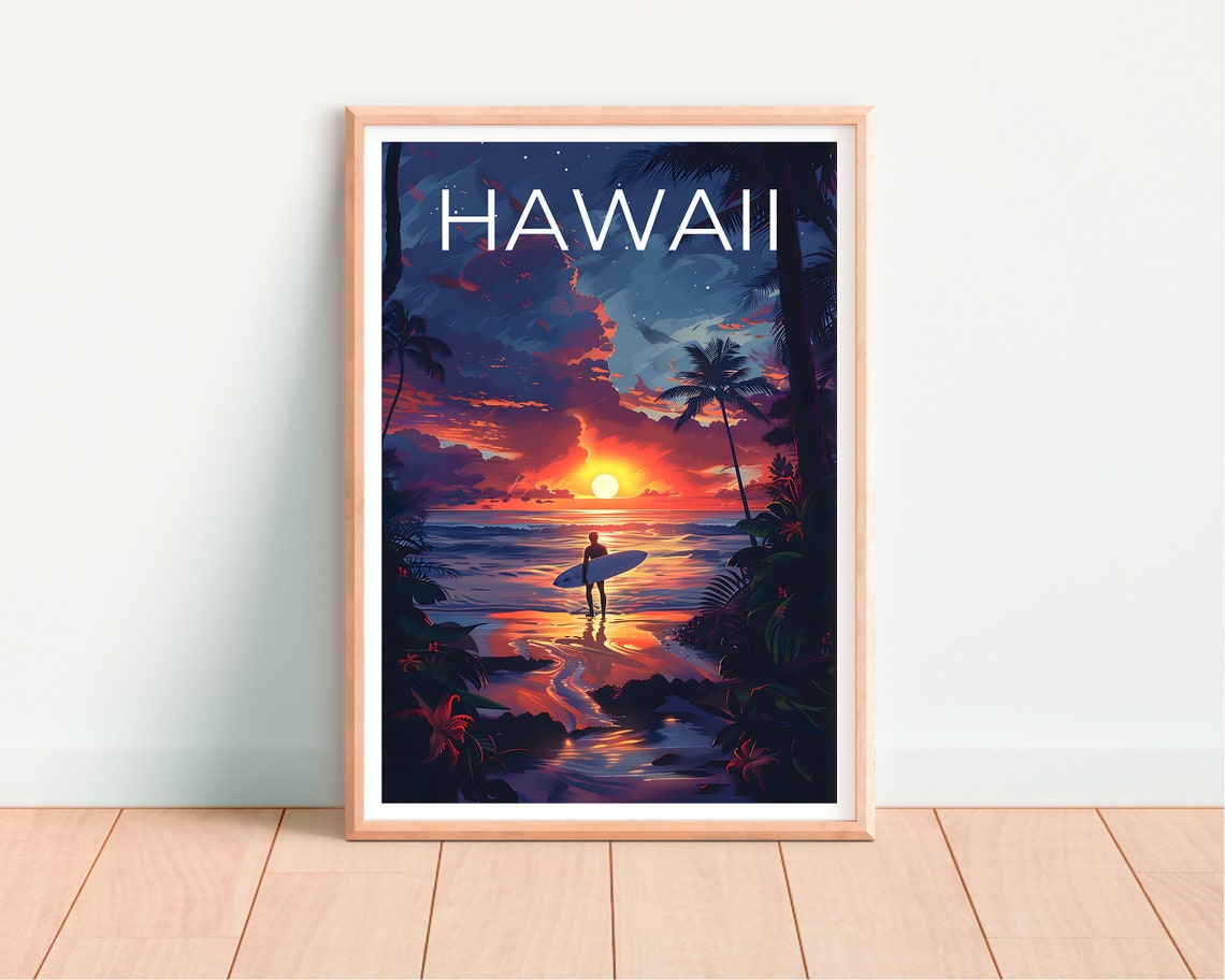 Hawaii Surfer Sunset Beach Palm Trees Wave Silhouette Travel Poster - Image 4